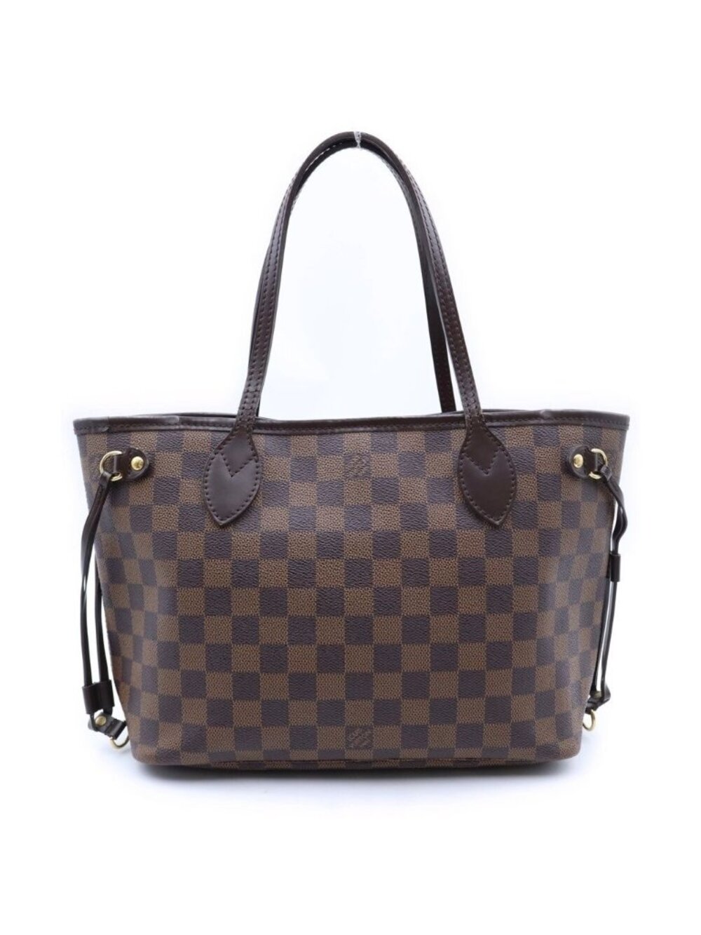 Louis Vuitton Damier Ebene Neverfull PM Tote Bag Brown Leather Gold